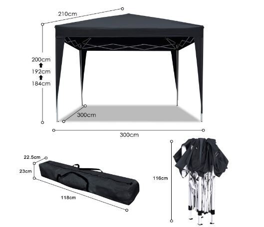 Foldable 3x3m Gazebo Marquee Tent Waterproof with 4 Side Panels and Carry Bag for Outdoor Events, Parties, and Camping