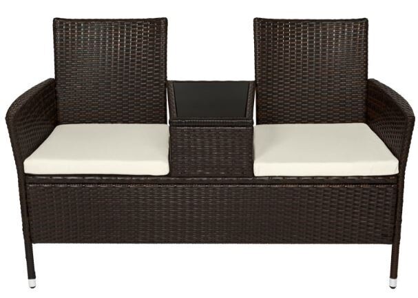 Outdoor Rattan Bench with Table, Cushions