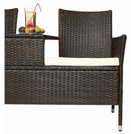 Outdoor Rattan Bench with Table, Cushions