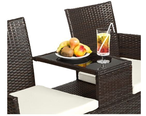 Outdoor Rattan Bench with Table, Cushions