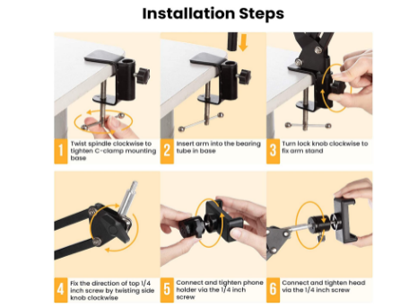 Overhead Tripod Mount Articulating Arm Phone Holder Video