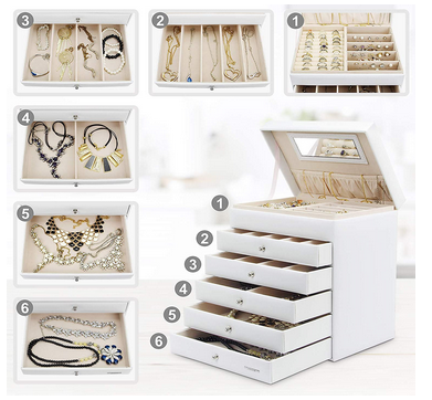 Large Jewelry Organizer Storage Boxes with 5 Drawers and Mirror