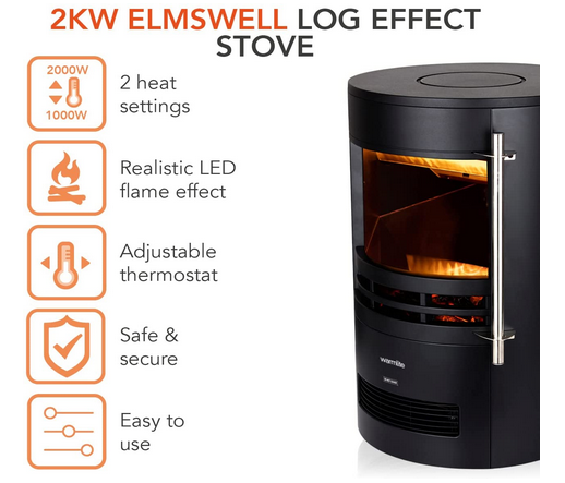 Stove with Two Heat Settings, Realistic LED Flame Effect, 2000W