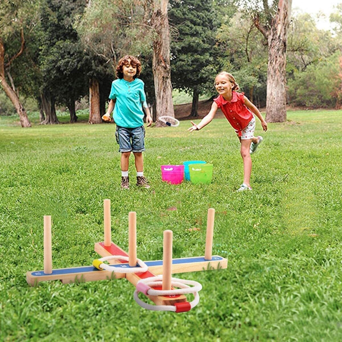 Ring Toss Game for Kids and Adults, 5 Pcs Wooden Rope Quoits