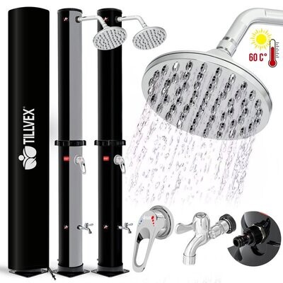 Solar garden shower warm water | pool shower, camping shower | without power connection | with tap and rain shower head | garden hose connection, Black