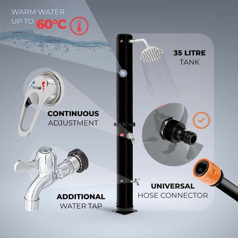 Solar garden shower warm water | pool shower, camping shower | without power connection | with tap and rain shower head | garden hose connection, Black