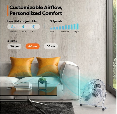 Floor Fan 100W 40cm Powerful Wind Machine with Adjustable Speed and Oscillation for Home and Office Cooling