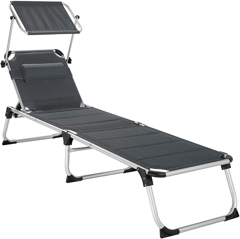 Foldable Aluminium Garden Lounger with Roof, Pillow, Padded Lying Surface, 6-Way Adjustable Backrest, and Two Carry Handles for Outdoor Relaxation