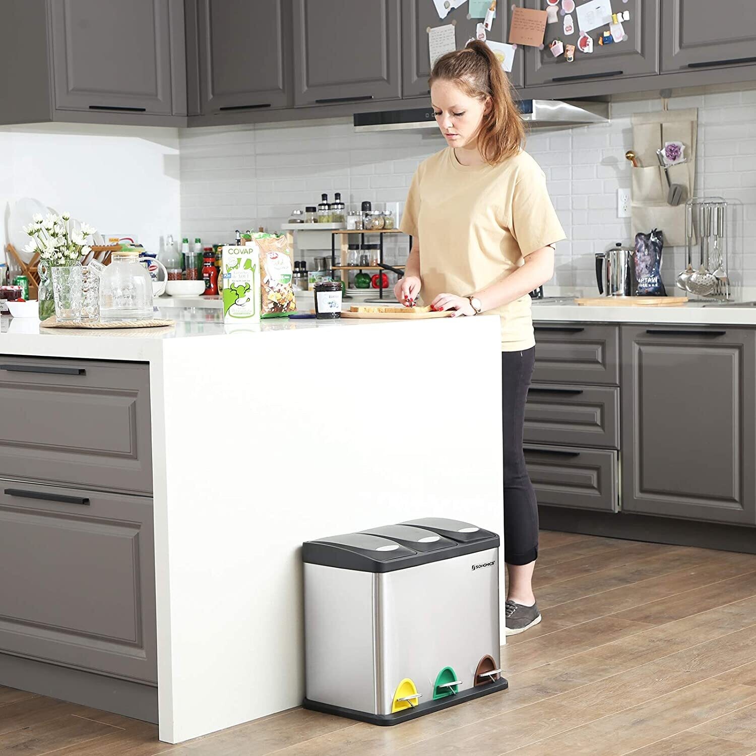Kitchen Waste Bin 3-in-1 24 Litre Rubbish Separator Pedal Bin Metal Waste