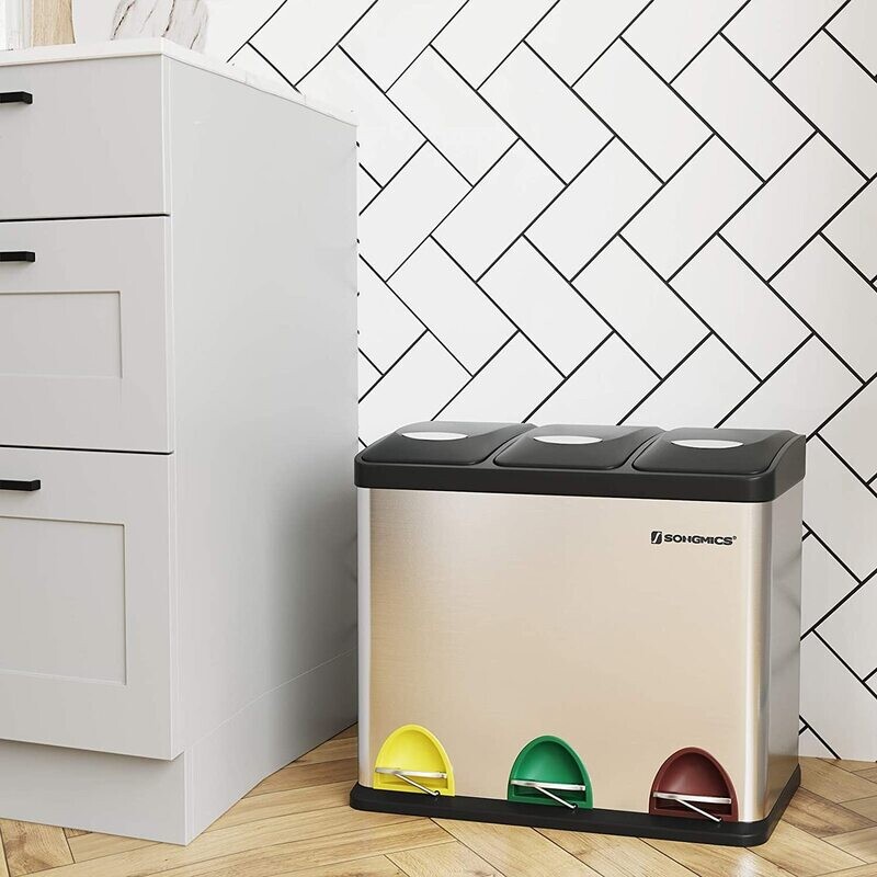 Kitchen Waste Bin 3-in-1 24 Litre Rubbish Separator Pedal Bin Metal Waste