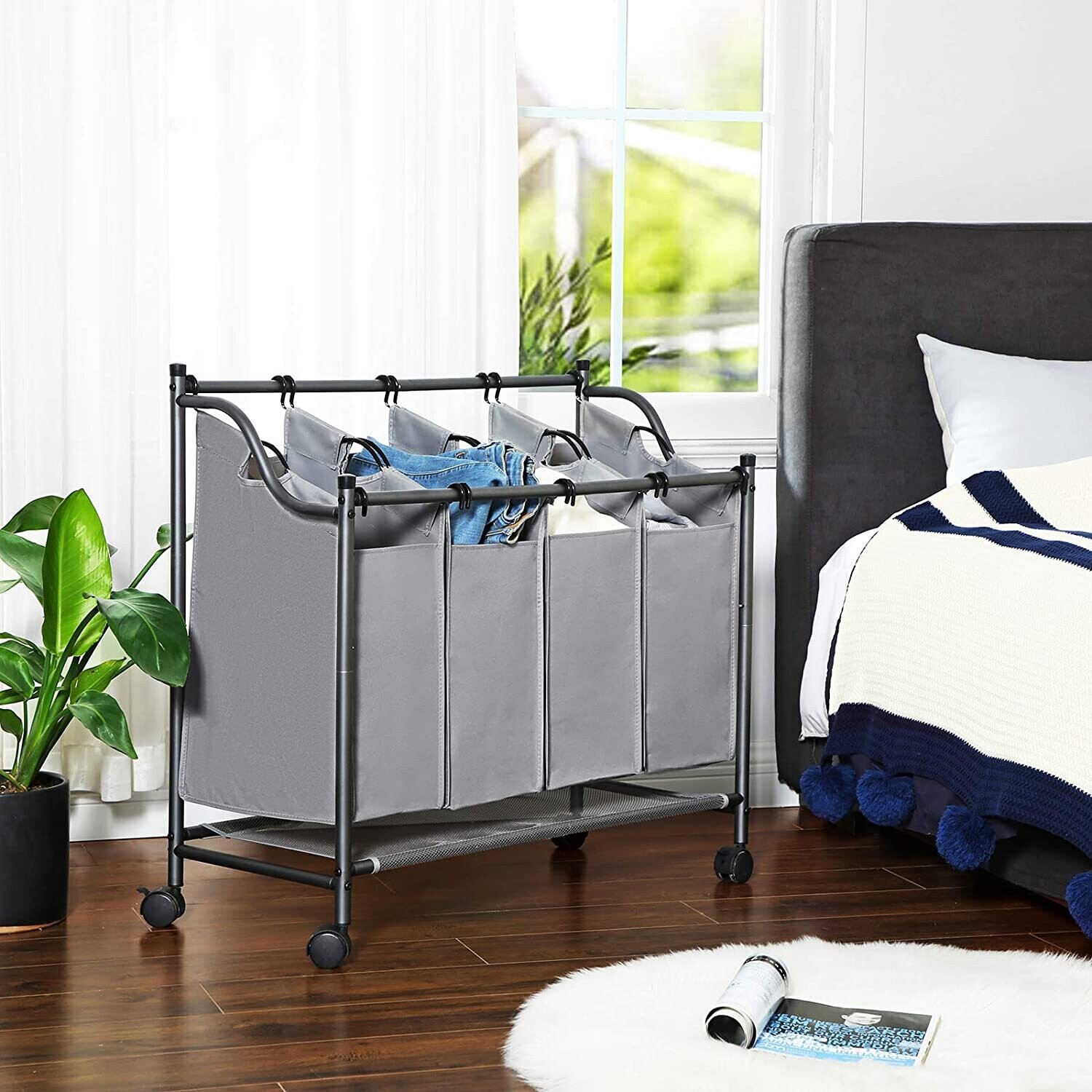 Laundry Hamper with 4 Removable Fabric Pockets Laundry Bin on Wheels