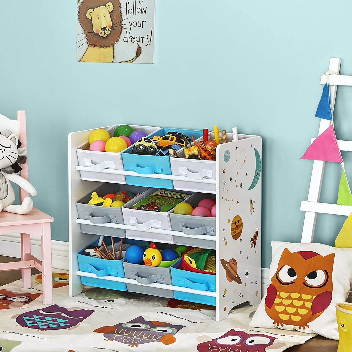 Children&#39;s Room Shelf Toy Organizer Bookcase with 9 Storage Boxes, Kids Room Storage Unit, Multi-Compartment Book and Toy Organizer for Toddlers