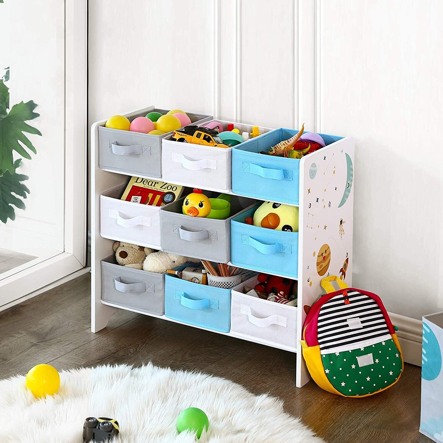 Children&#39;s Room Shelf Toy Organizer Bookcase with 9 Storage Boxes, Kids Room Storage Unit, Multi-Compartment Book and Toy Organizer for Toddlers
