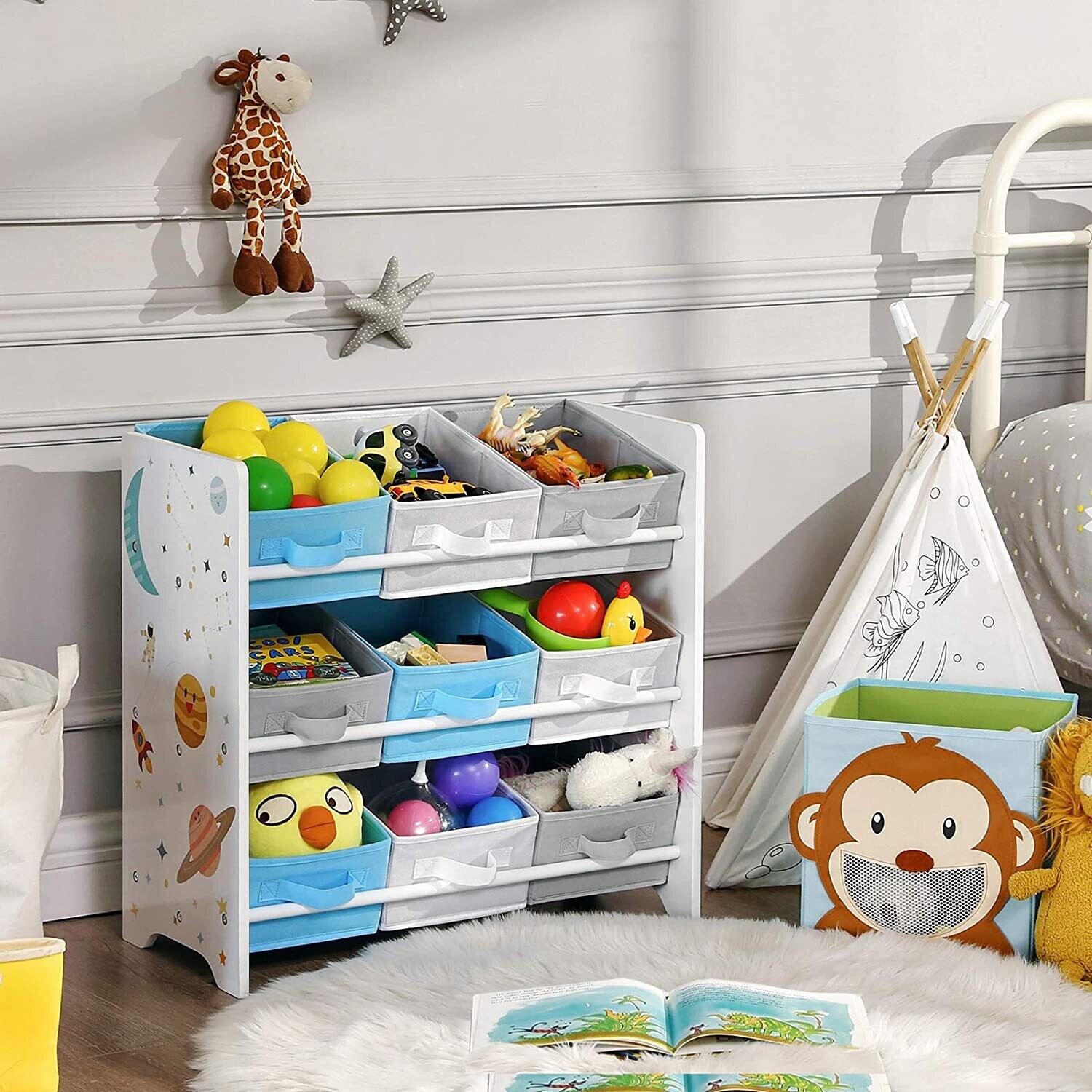 Children&#39;s Room Shelf Toy Organizer Bookcase with 9 Storage Boxes, Kids Room Storage Unit, Multi-Compartment Book and Toy Organizer for Toddlers