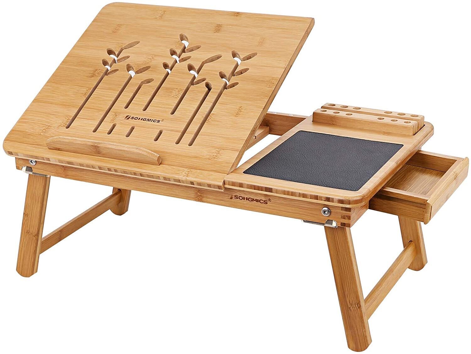 Folding Laptop Table for Sofa or Bed with Mobile Phone Holder, Pen Holder, and Convenient Drawer Storage