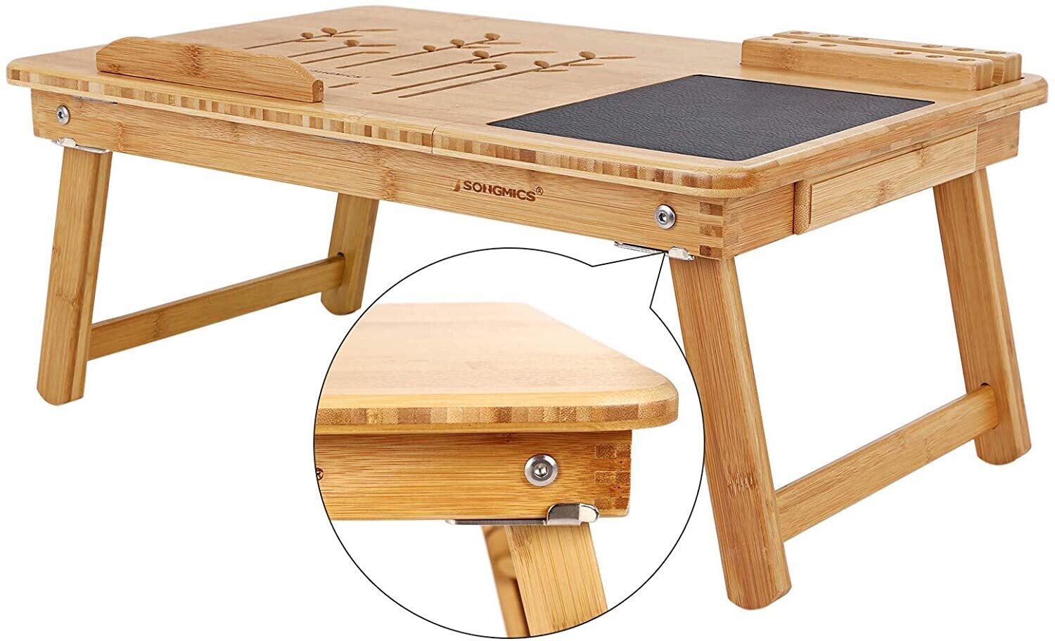 Folding Laptop Table for Sofa or Bed with Mobile Phone Holder, Pen Holder, and Convenient Drawer Storage