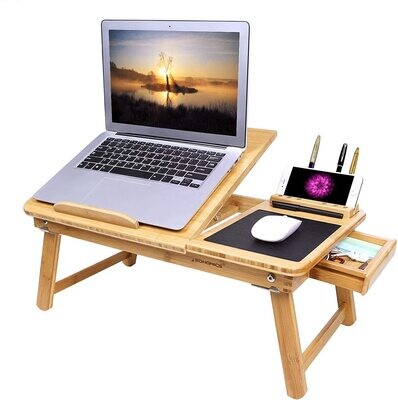 Folding Laptop Table for Sofa or Bed with Mobile Phone, Pen Holder, and Drawer.