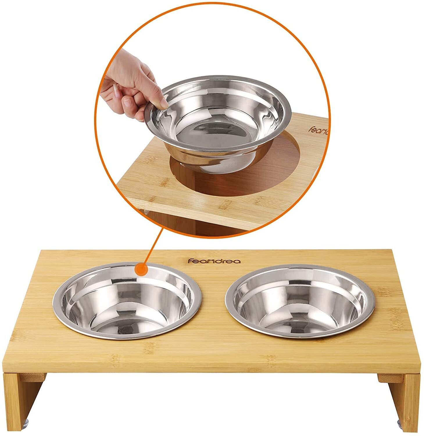 Bowl with Bamboo Frame and 2 Feeding Bowls for Dogs &amp; Cats – Elevated Design for Comfortable Feeding, Non-Slip Base, and Eco-Friendly Bamboo Stand