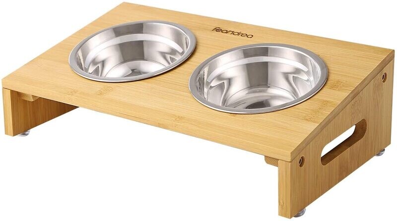 Bowl with Bamboo Frame and 2 Feeding Bowls for Dogs &amp; Cats – Elevated Design for Comfortable Feeding, Non-Slip Base, and Eco-Friendly Bamboo Stand