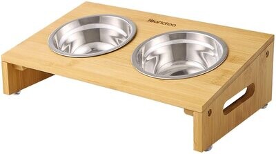 Bowl with Bamboo Frame and 2 Feeding Bowls for Dogs & Cats