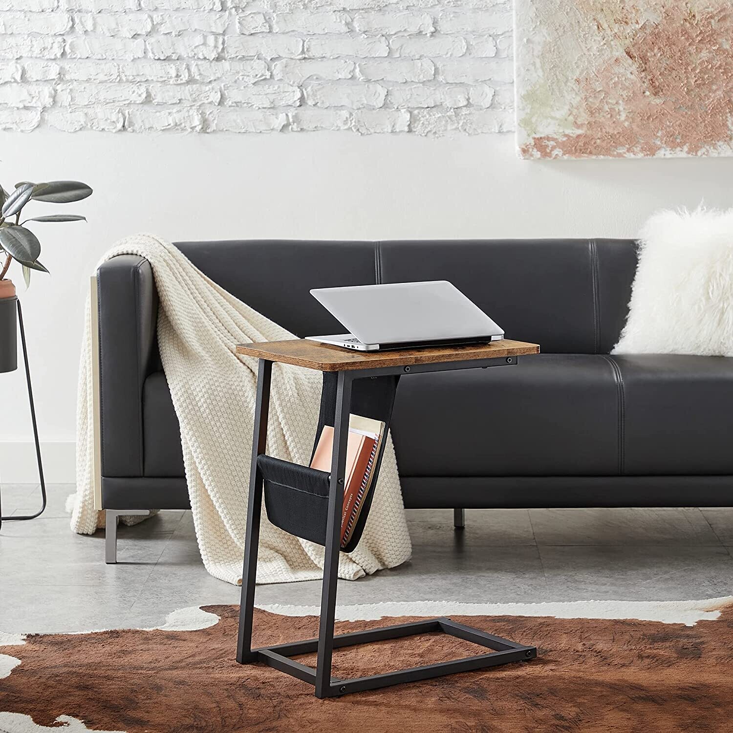 C-Shape Side Table, Sofa Table with Charging Station, Laptop Table for Sofa, 2 USB Ports 2 AC Outlets and triangular Storage Space.