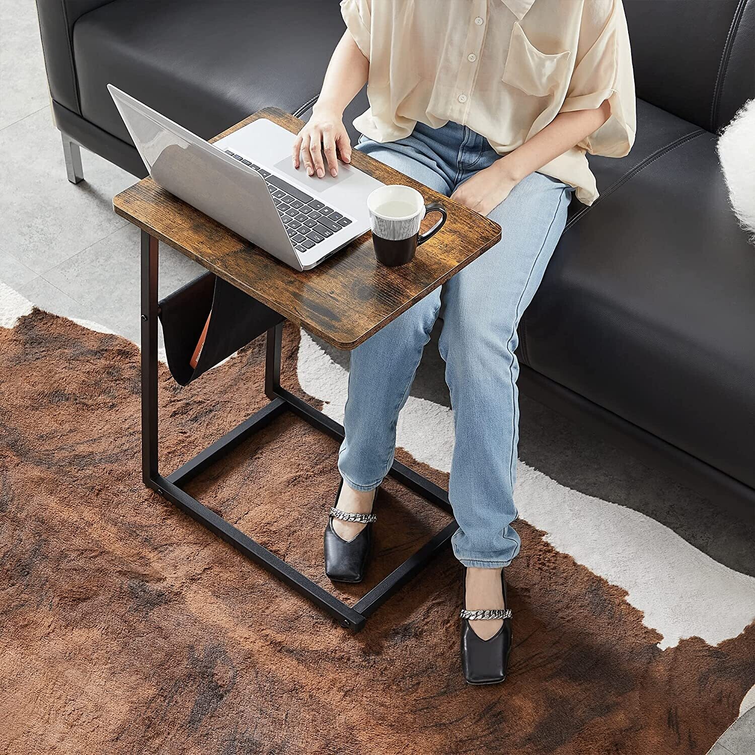 C-Shape Side Table, Sofa Table with Charging Station, Laptop Table for Sofa, 2 USB Ports 2 AC Outlets and triangular Storage Space.