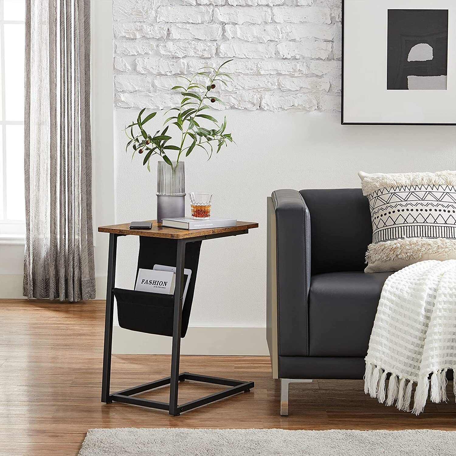 C-Shape Side Table, Sofa Table with Charging Station, Laptop Table for Sofa, 2 USB Ports 2 AC Outlets and triangular Storage Space.