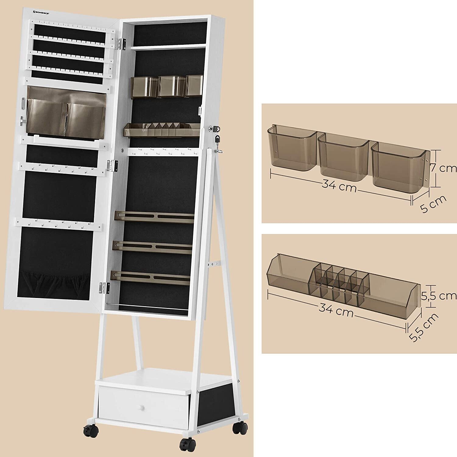 Jewellery Cabinet with Full Body Mirror, Lockable Organiser, Drawer &amp; Wheels for Convenient Storage and Stylish Display