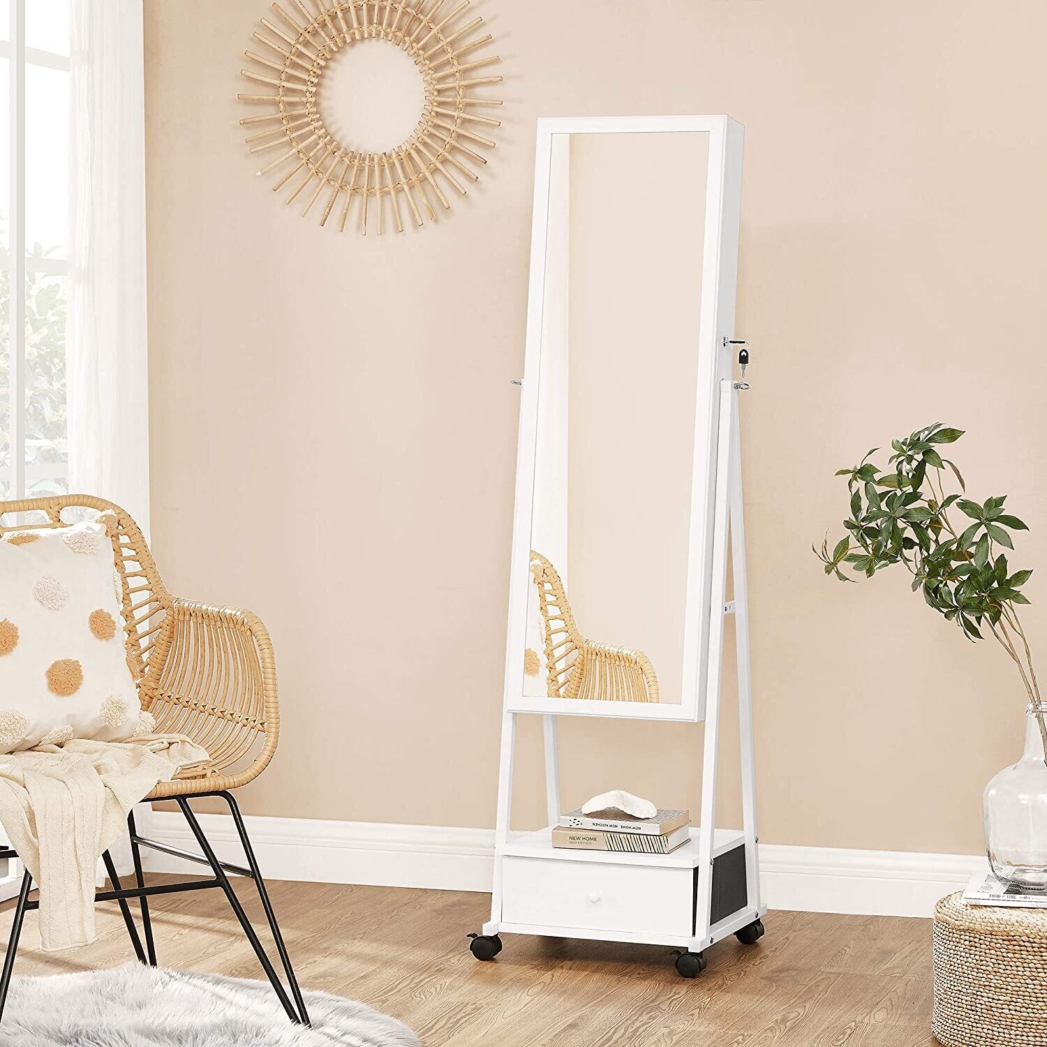 Jewellery Cabinet with Full Body Mirror, Lockable Organiser, Drawer &amp; Wheels for Convenient Storage and Stylish Display