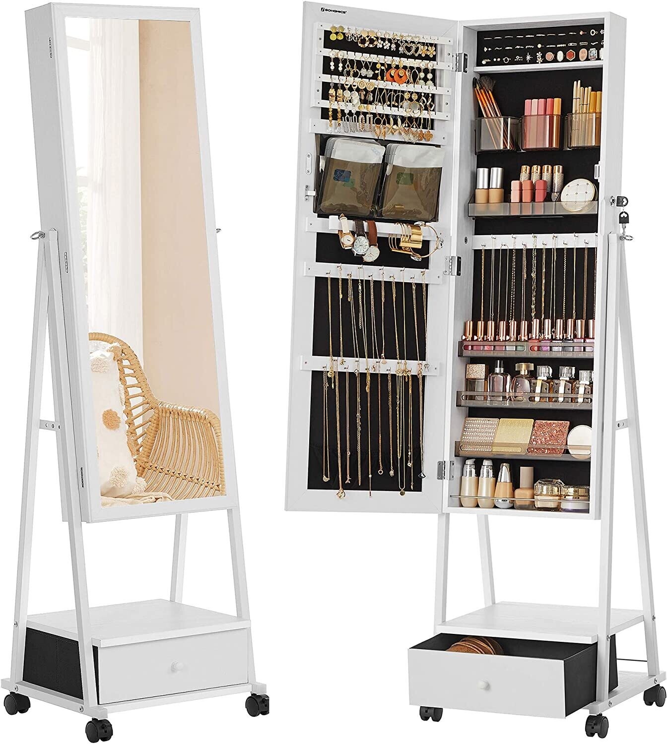Jewellery Cabinet with Full Body Mirror, Lockable Organiser, Drawer &amp; Wheels for Convenient Storage and Stylish Display