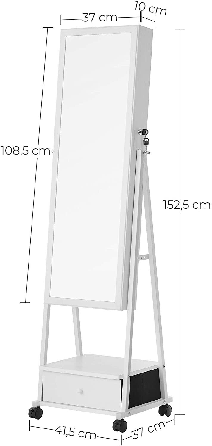 Jewellery Cabinet with Full Body Mirror, Lockable Organiser, Drawer &amp; Wheels for Convenient Storage and Stylish Display