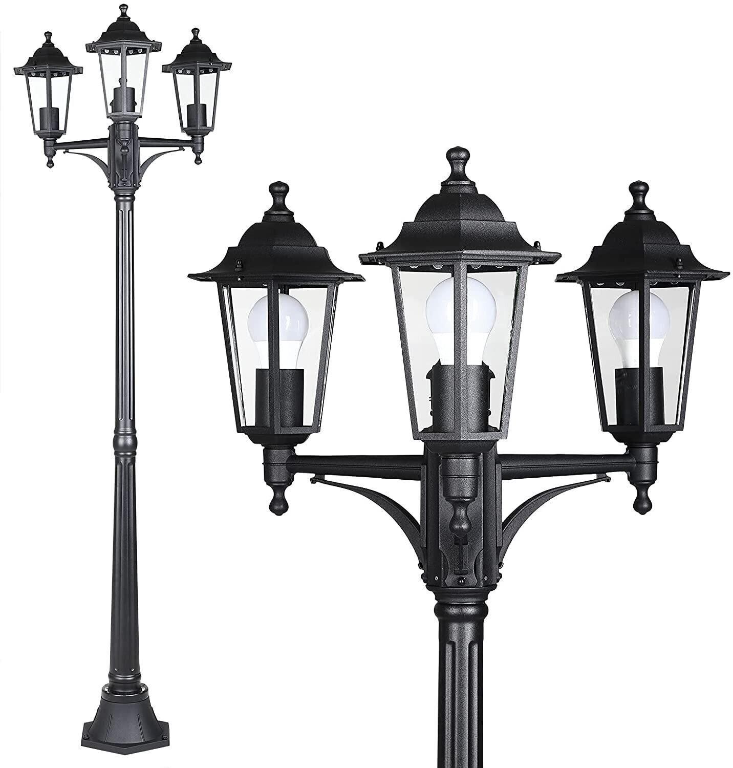 Garden Lantern with 3 Bulbs, 176 cm Height, IP44 Weatherproof Outdoor Lighting for Pathways and Patios
