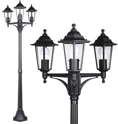 Garden Lantern with 3 Bulbs, 176 cm Height, IP44 Weatherproof Outdoor Lighting for Pathways and Patios