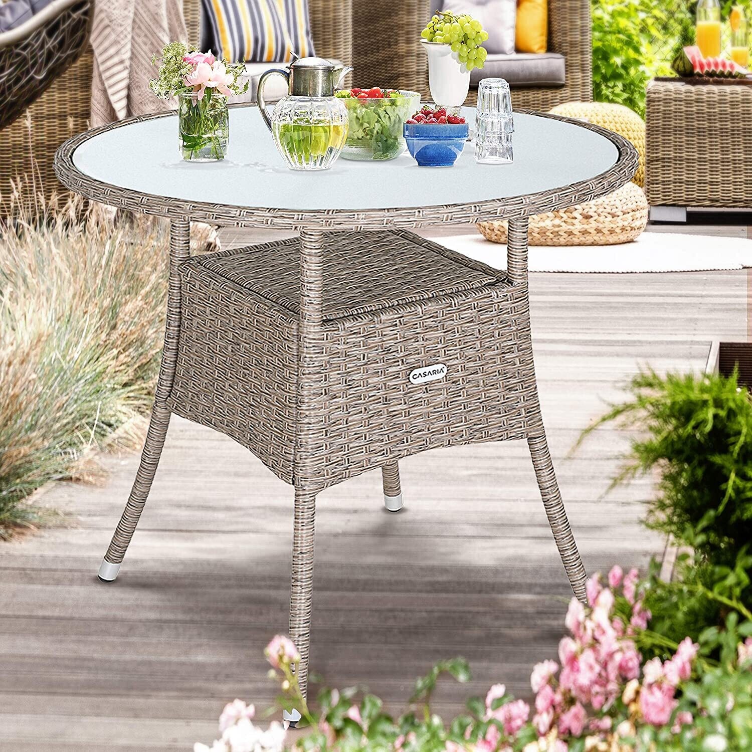 Polyrattan Side Table/Garden Table with Frosted Glass