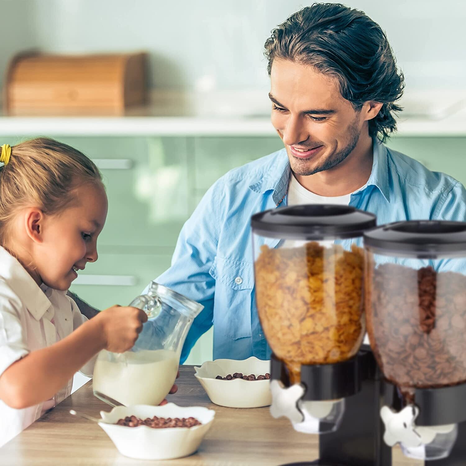 Double Cereal Dispenser with Portion Control – Airtight Dual Dispenser for Cereal, Snacks, and Dry Foods