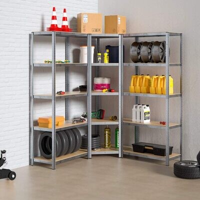 Galvanised Metal Corner Shelving Unit in the MAX Pro Kit 70 x 40 x 180 cm with 5 Adjustable Shelves Load 875 kg Grey and Wood for Home and Professional Use