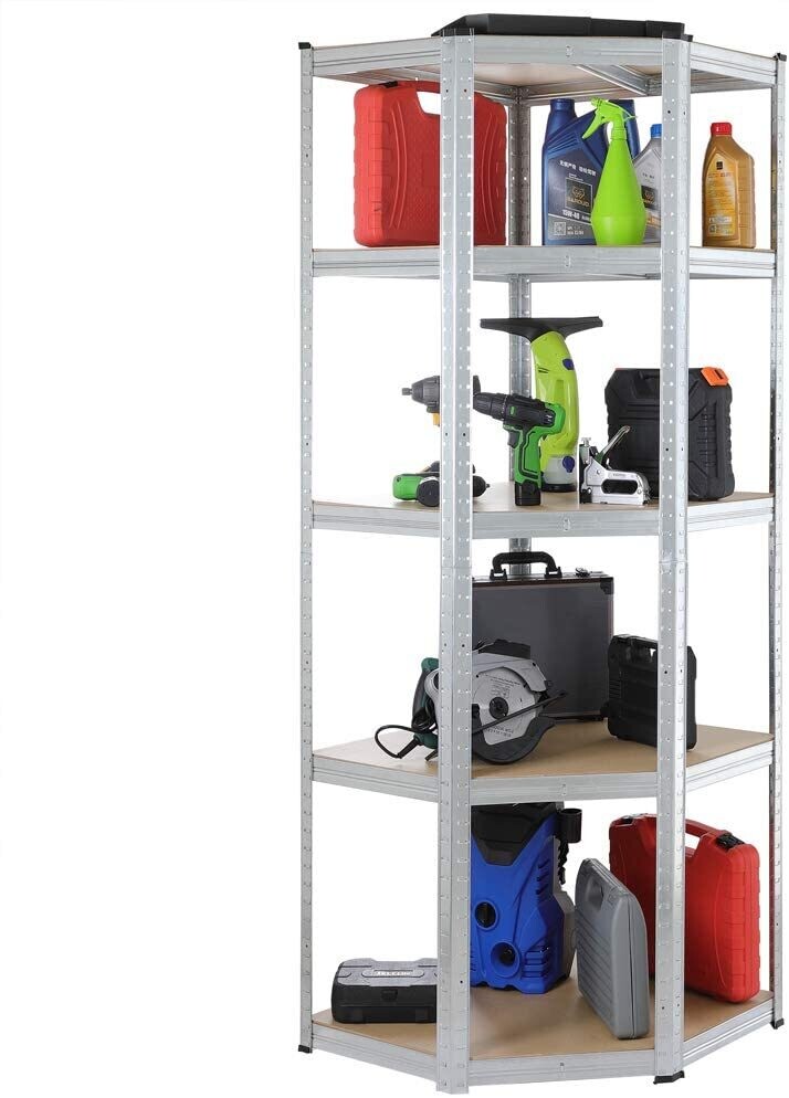 Galvanised Metal Corner Shelving Unit in the MAX Pro Kit 70 x 40 x 180 cm with 5 Adjustable Shelves Load 875 kg Grey and Wood for Home and Professional Use