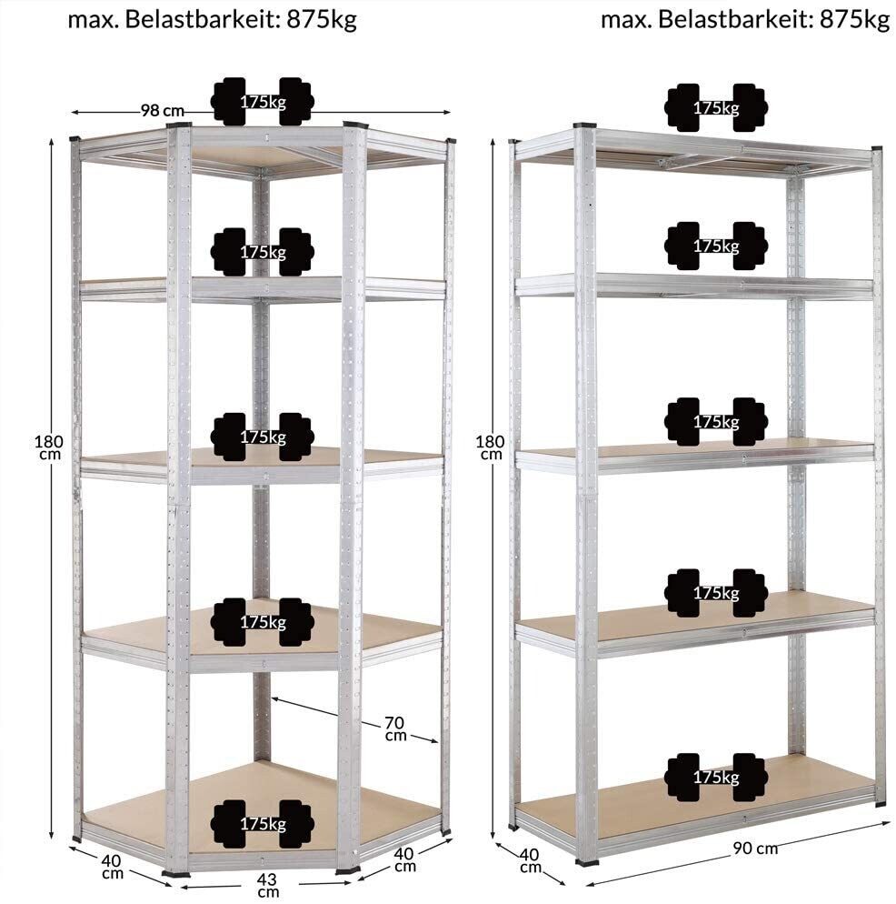 Galvanised Metal Corner Shelving Unit in the MAX Pro Kit 70 x 40 x 180 cm with 5 Adjustable Shelves Load 875 kg Grey and Wood for Home and Professional Use