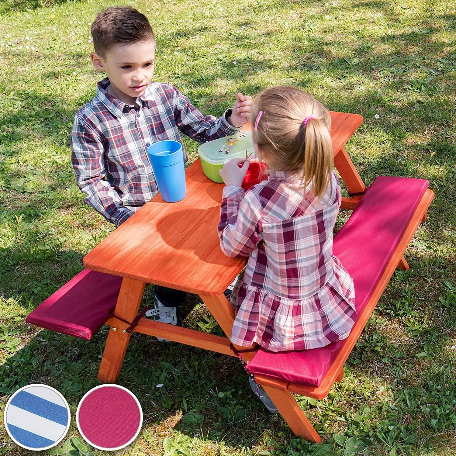 Children&#39;s Picnic Bench with Padded Cushion, Outdoor Wooden Kids Bench, Comfortable Seating for Garden, Patio, or Play Area