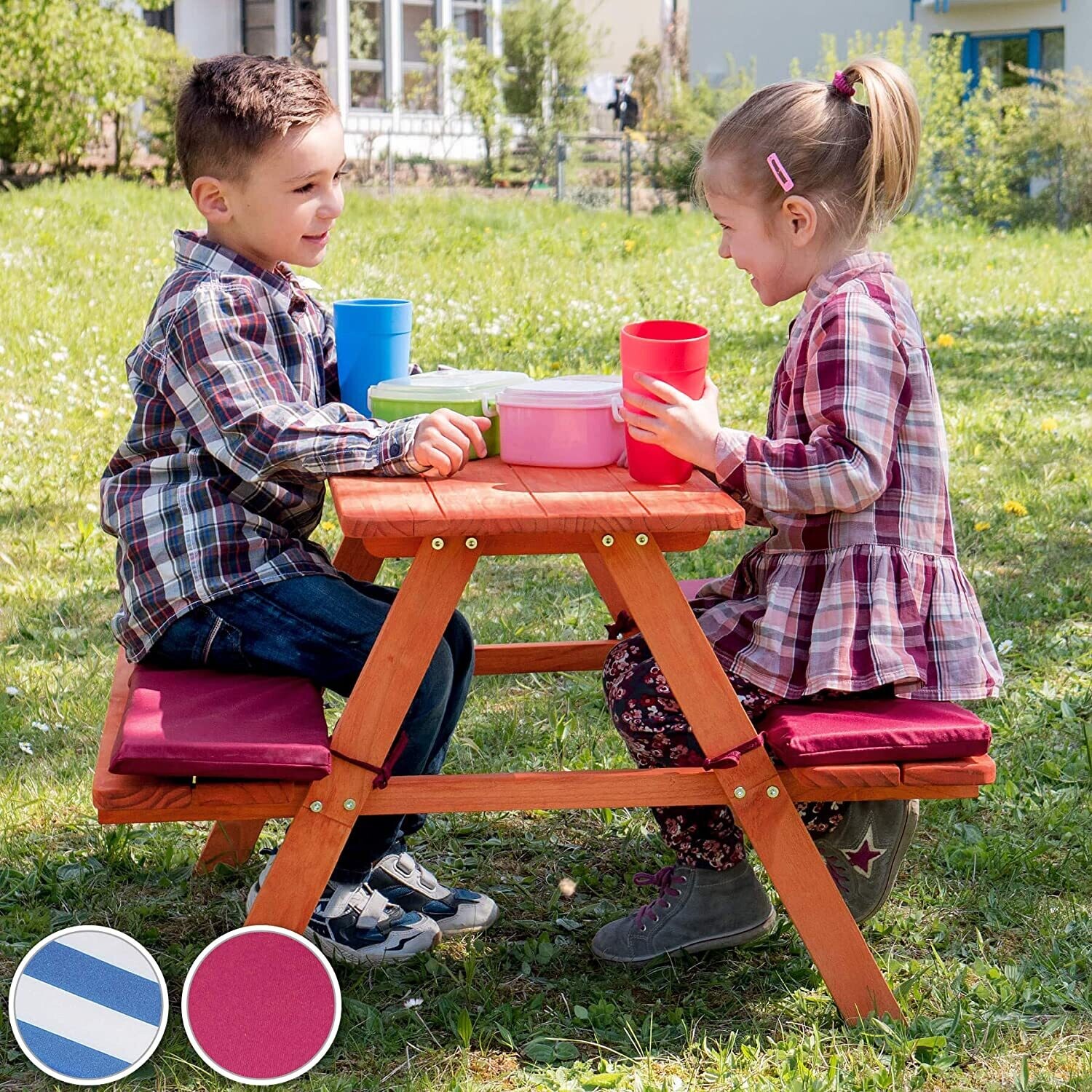Children&#39;s Picnic Bench with Padded Cushion, Outdoor Wooden Kids Bench, Comfortable Seating for Garden, Patio, or Play Area