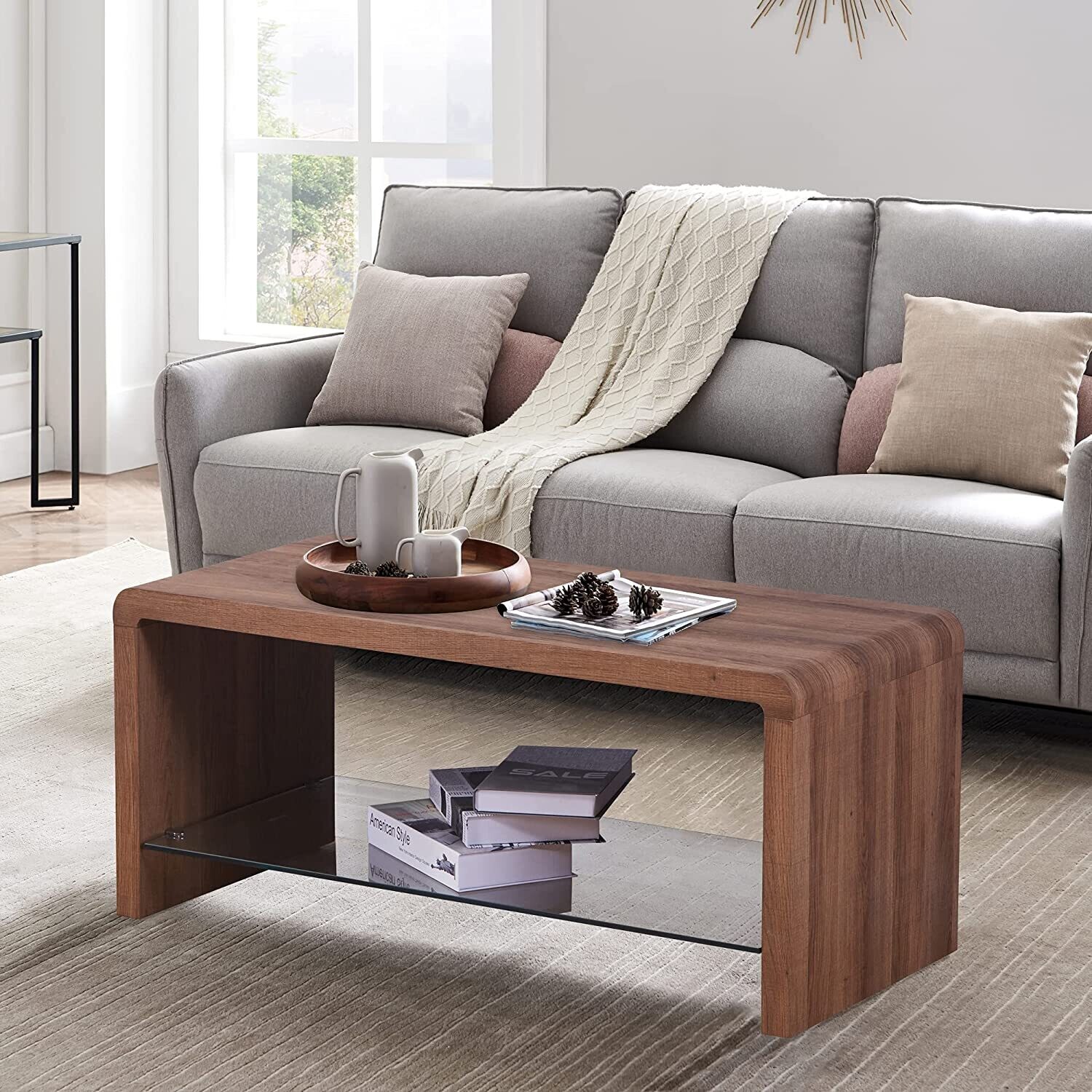 Coffee Table Wood Style Rectangular Side End Table TV Unit with Glass Storage Shelf for Living Room Office Furniture,Brown