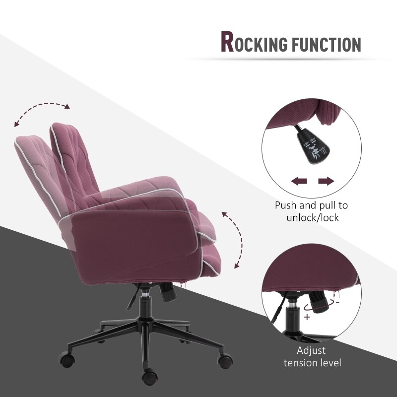 Tufted Desk Chair w/ Arm Rest on Wheels Purple