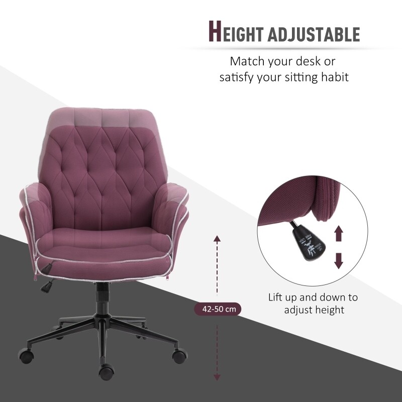 Tufted Desk Chair w/ Arm Rest on Wheels Purple
