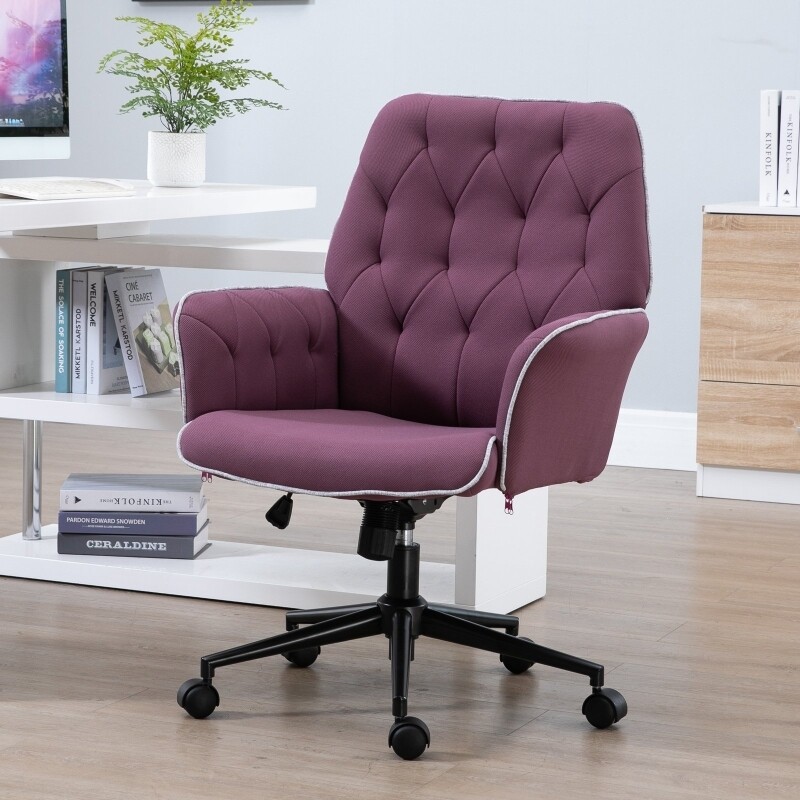 Tufted Desk Chair w/ Arm Rest on Wheels Purple