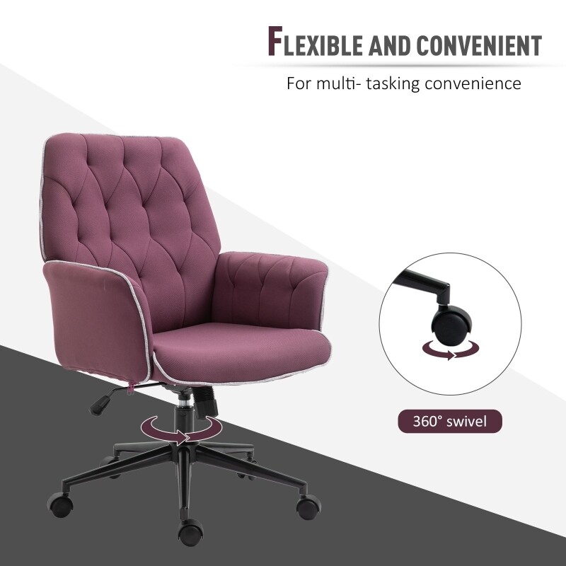 Tufted Desk Chair w/ Arm Rest on Wheels Purple