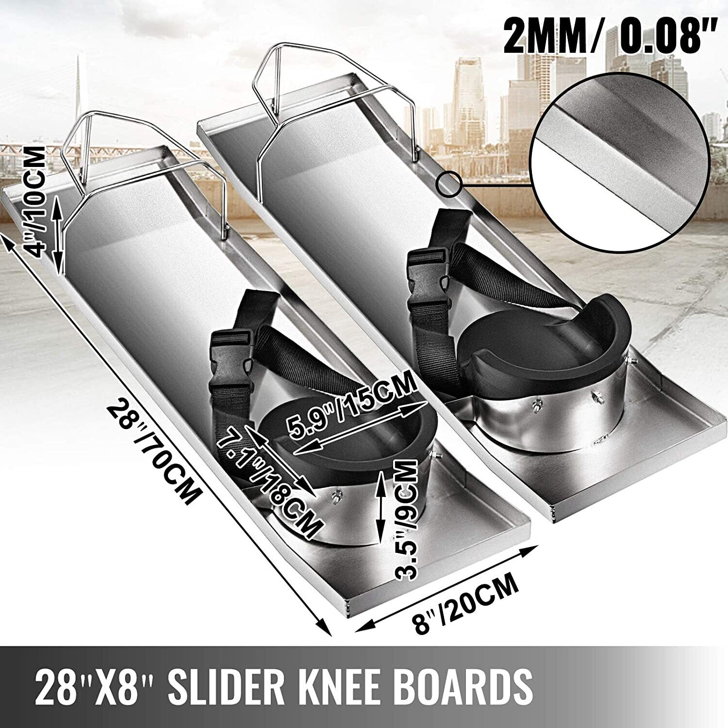 Two Concrete Knee Boards Slider Knee Boards Stainless Steel Pair Moving Sliders Knee Pads &amp; Board Straps for Concrete Finishing 28” x 8”
