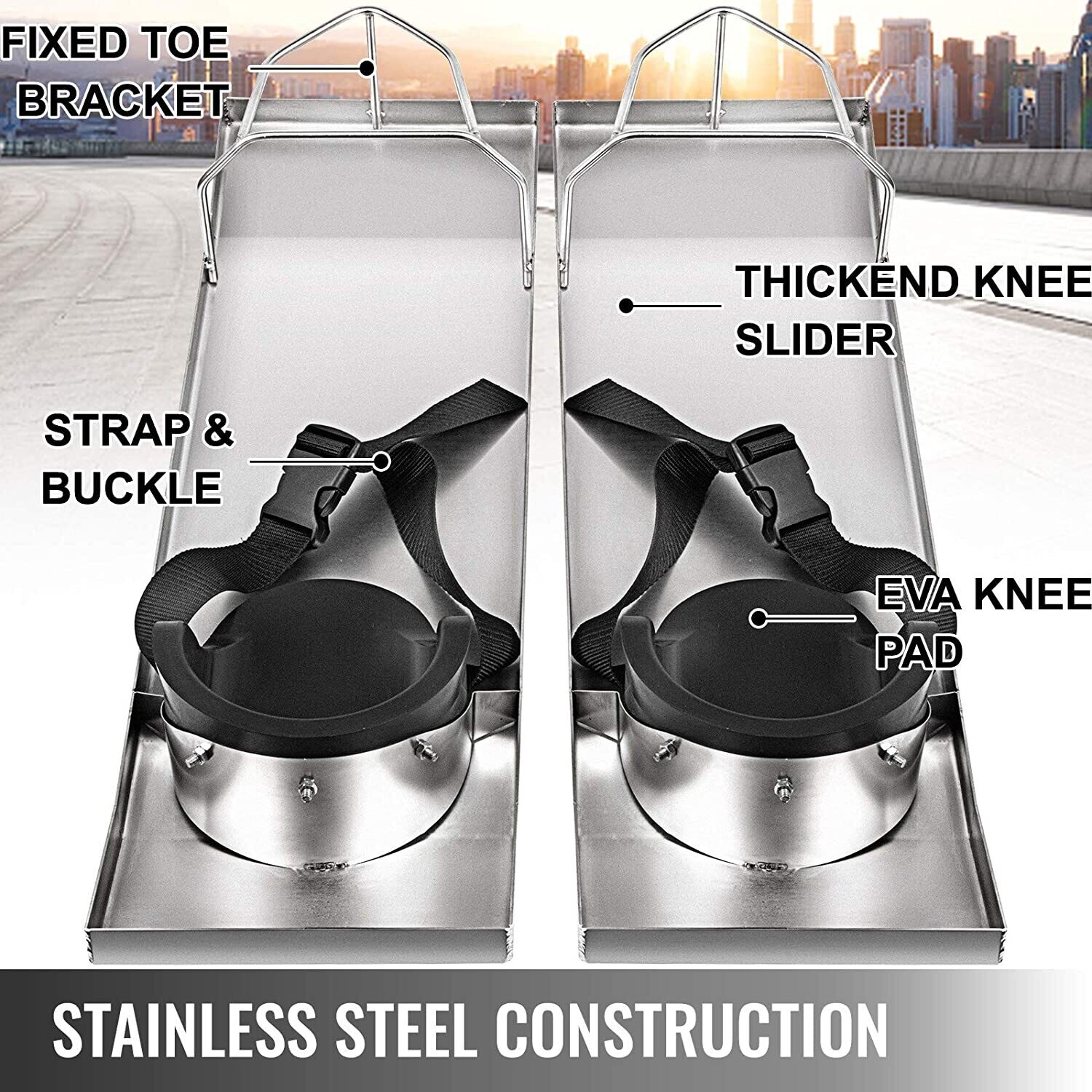 Two Concrete Knee Boards Slider Knee Boards Stainless Steel Pair Moving Sliders Knee Pads &amp; Board Straps for Concrete Finishing 28” x 8”