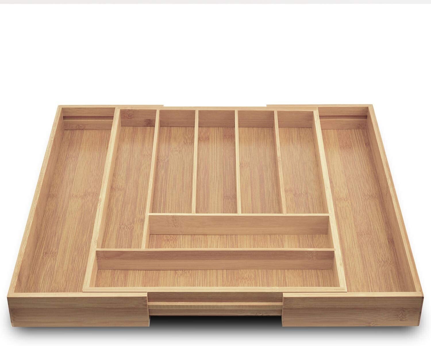 Bamboo Wood Drawer Insert – 7-9 Compartments Flexible Organiser System, Expandable Drawer Organiser for Kitchen, Office, and Home Storage