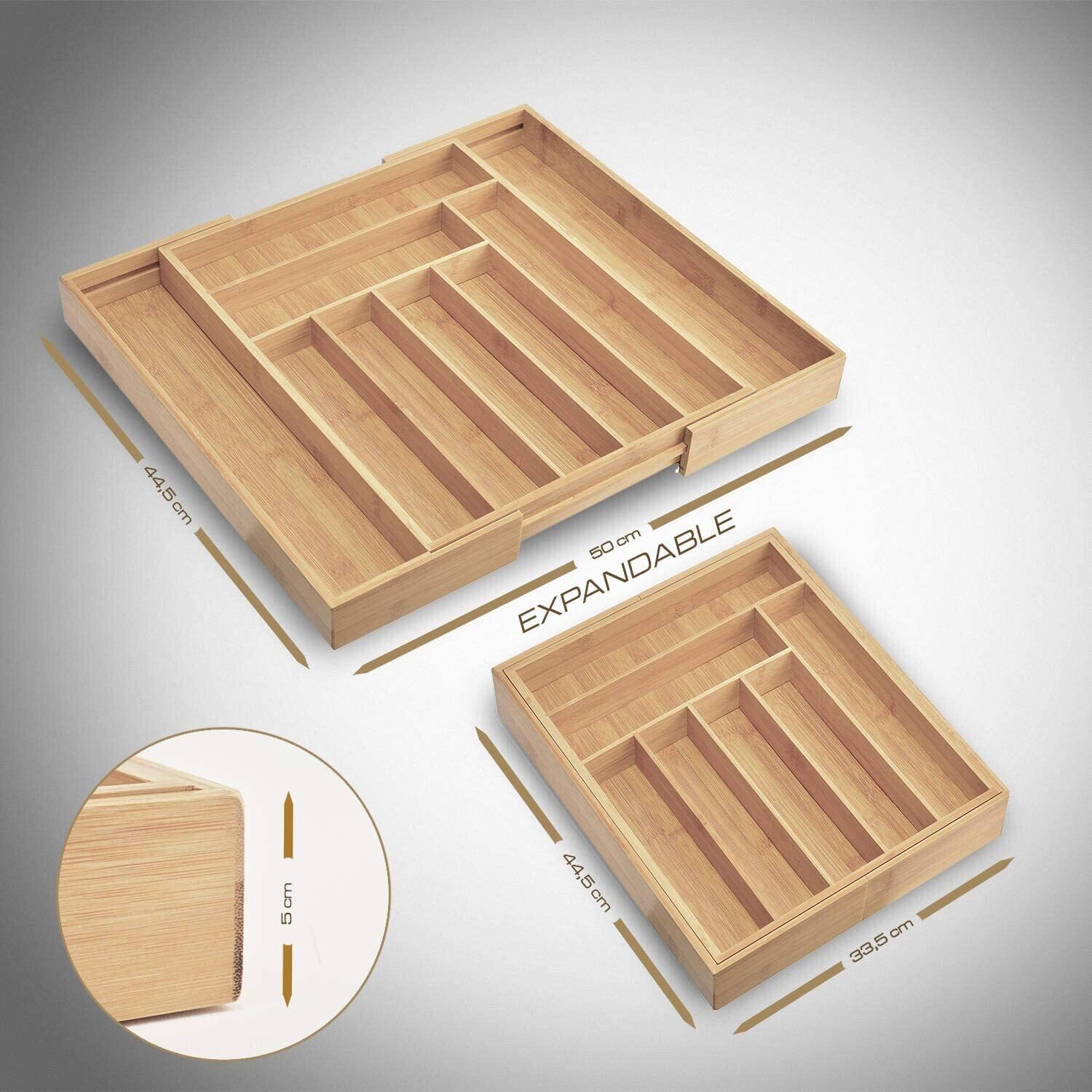 Bamboo Wood Drawer Insert – 7-9 Compartments Flexible Organiser System, Expandable Drawer Organiser for Kitchen, Office, and Home Storage