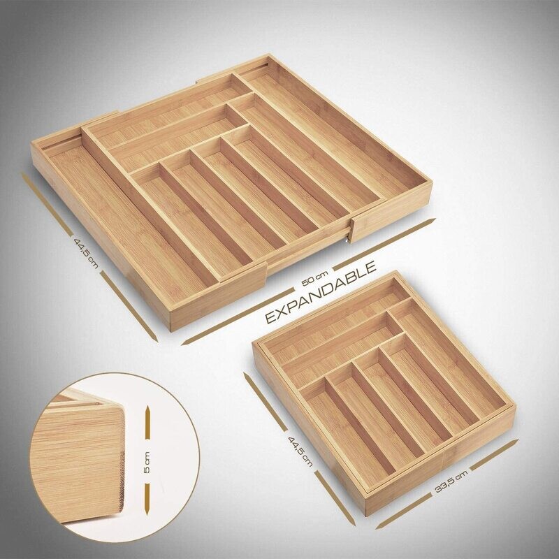 Bamboo Wood Drawer Insert, 7-9 Compartments Organiser System, Flexible Organiser, Extendable Organiser Drawer